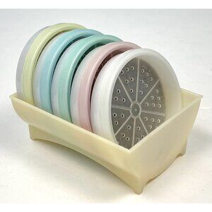 VTG Set 5 TUPPERWARE Pastel Wagon Wheel COASTERS 567 w/ Caddy Rack Holder 566-4